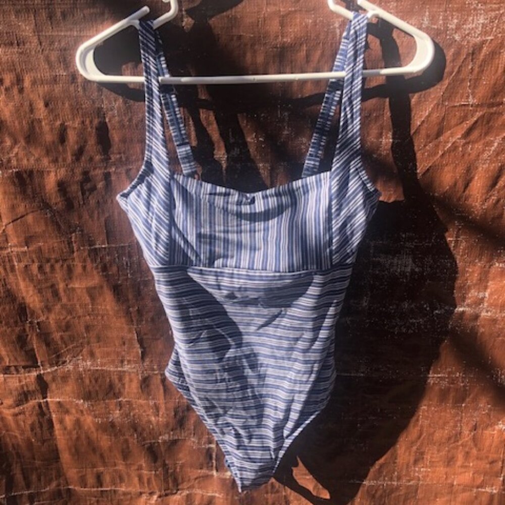Nip Tuck Navy Blue & White Striped One Piece Swim Suit